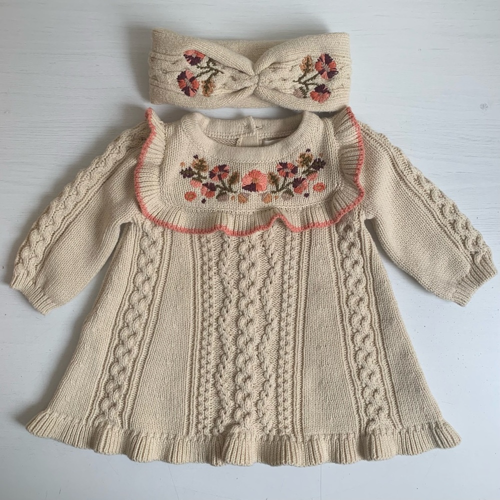 CYNTHIA ROWLEY Baby Girl 2pc Knit Outfit Set Dress & Headband 0-3 M